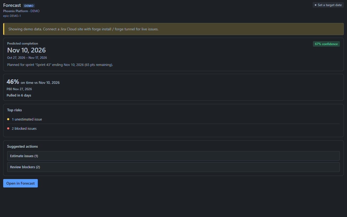 Epic issue glance panel showing FinishLine Forecast commitment card