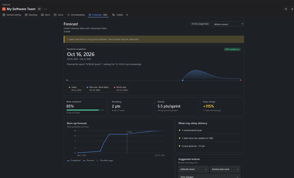 FinishLine Forecast in Jira — delivery date prediction, confidence, and burn-up chart